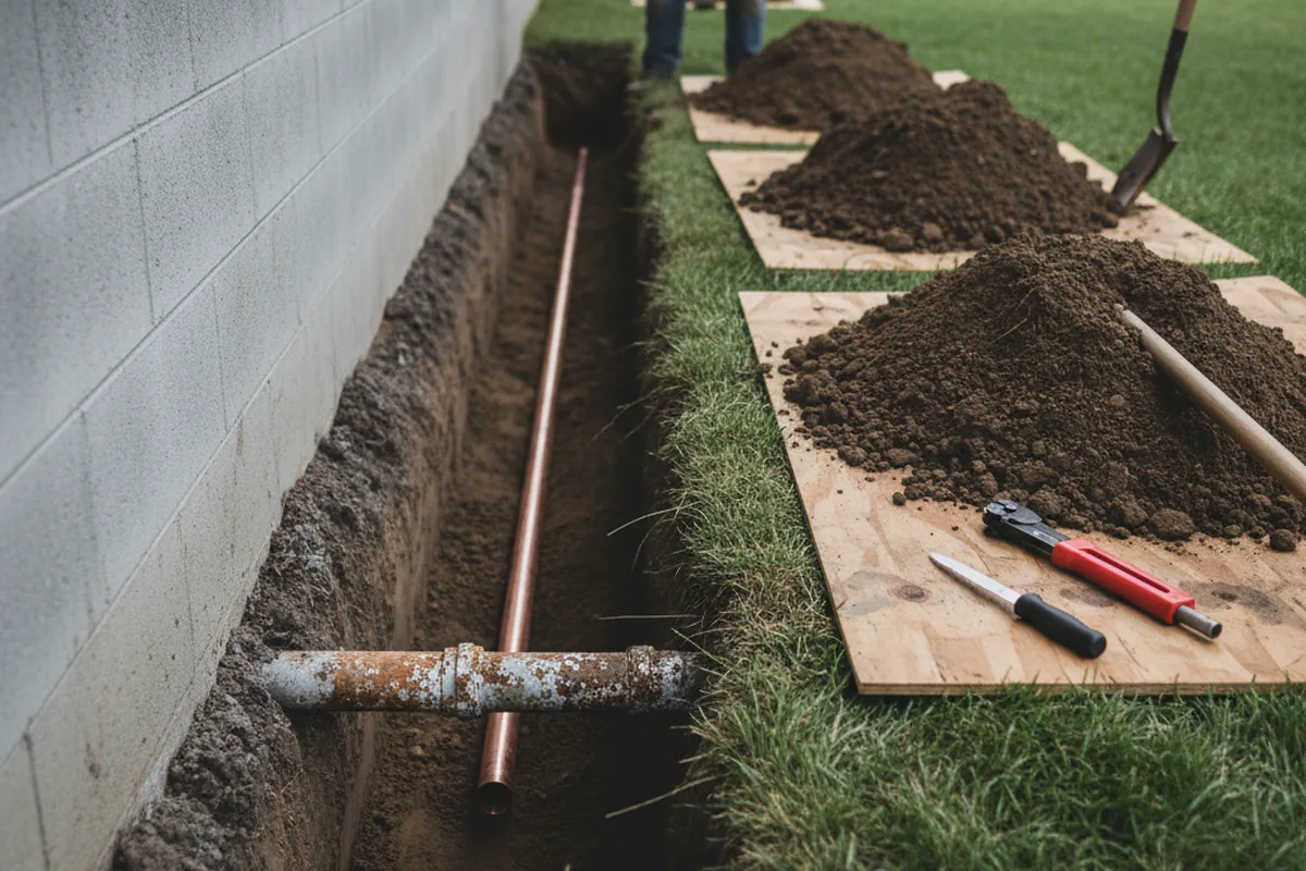 Excavated water line trench during Water Heater Repair in Laurel